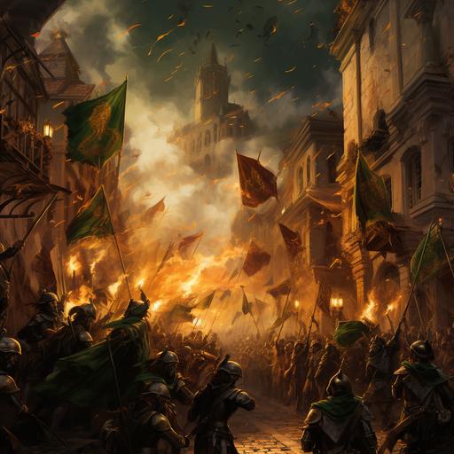 A rebellion in a late medieval Italian city, green and gold banners, fires, religious icon of three Gods, rebels fighting against armored state soldiers.