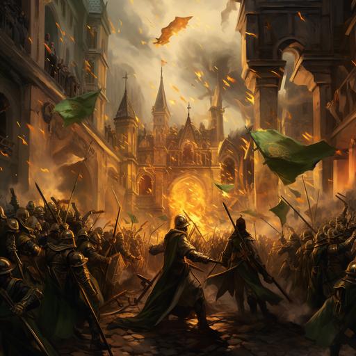 A rebellion in a late medieval Italian city, green and gold banners, fires, religious icon of three Gods, rebels fighting against armored state soldiers.