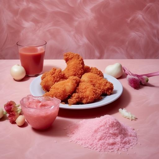 A recipe for: Crispy Imitation Flamingo Nuggets: Ingredients: - 1 package of imitation flamingo meat - Breadcrumbs - Flour - Plant-based milk (such as almond or soy milk) - Paprika - Salt and pepper - Cooking oil Instructions: 1. Cut the imitation flamingo meat into bite-sized nuggets. 2. In a bowl, mix flour, paprika, salt, and pepper to create a seasoned flour mixture. 3. Dip each nugget into plant-based milk, then coat it with the seasoned flour mixture. 4. Dip the coated nuggets back into the milk, and then roll them in breadcrumbs until fully coated. 5. Heat oil in a deep frying pan or pot. 6. Fry the nuggets until they turn golden brown and crispy. 7. Remove from the oil and place them on a paper towel to absorb any excess oil. 8. Serve the crispy nuggets with your favorite dipping sauce. :: In the style of foodie instagram:: In the style of furry instagram:: --v 5.1