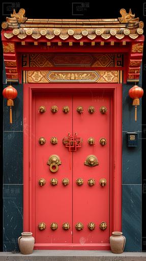 A red classic Chinese door of the Ming Dynasty, with Chinese architectural details,with a golden lion's head, a house number 