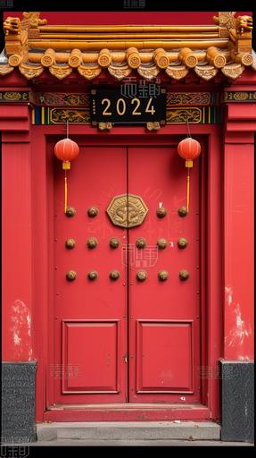 A red classic Chinese door of the Ming Dynasty, with Chinese architectural details,with a golden lion's head, a house number 