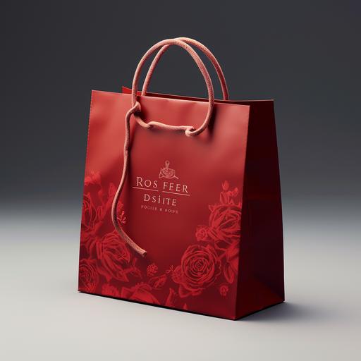 A red paper bag mock up inscribed: ROSIER DESIR. The bag has rope handles.