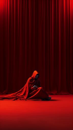 A red robed figure, lying face down on the ground, red curtains theater backgroundrendered in cinema4d, classical portraiture, uniformly staged images, strong sense of light, --ar 9:16
