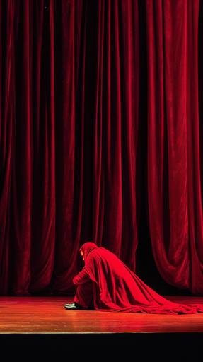 A red robed figure, lying face down on the ground, red curtains theater background --ar 9:16