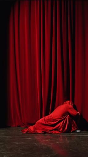 A red robed figure, lying face down on the ground, red curtains theater background --ar 9:16