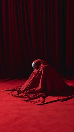 A red robed figure, lying face down on the ground, red curtains theater backgroundrendered in cinema4d, classical portraiture, uniformly staged images, strong sense of light, --ar 9:16