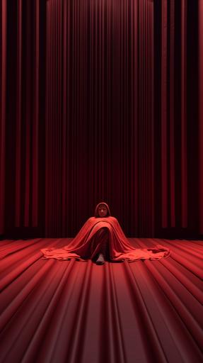 A red robed figure, lying face down on the ground, red curtains theater background, rendered in cinema4d, classical portraiture, uniformly staged images, strong sense of light --ar 9:16