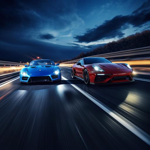 A red sports car and a blue truck were speeding down the highway, light track photography, knitted style, 64K, high resolution