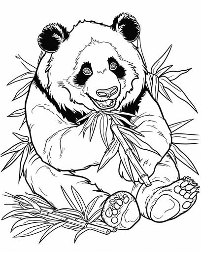 A relaxed panda bear munching on bamboo, coloring book page, black and white, no shading --ar 4:5 --v 6.0