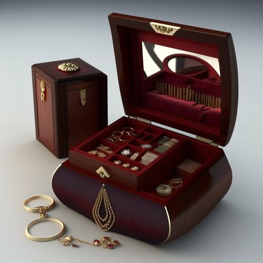 A render of an elegant jewelry box lined in red velvet, featuring: - Hardwood veneer shell: Use dark stained rosewood or mahogany wood veneer for the outer box shell. The hardwood veneer provides a polished, classic feel. - Brass hardware accents: Accent the wood veneer box edges and handle attachments with ornate brass hardware fixtures for a touch of metallic shimmer and vintage luxury. - Domed lid with inset handle: Design the box with a domed lid to create height and drama. Attach a brass inset handle to the top of the domed lid for easy opening and an artisanal accent. - Red velvet lining: Line the entire interior of the box in plush red velvet fabric. The rich red color of the velvet pops against the dark wood and provides a protective, cushioned lining for the jewelry contents. - Ornate silk ribbon trim: Accent the edge of the red velvet lining with intricately patterned silk ribbon for an unexpected trim detail. The silk ribbon trim provides an opulent finishing touch. - Removable trays: Include a few removable trays or compartments inside the red velvet lining to organize and separate the jewelry pieces. The trays create a luxurious space for each item. - Jewelry contents: Show a variety of gold jewelry, gemstone jewelry or vintage jewelry pieces resting on the red velvet lining and trays. Contrast the bright golds and gemstones against the dark lining interior. Apply warm, dramatic lighting within the box to illuminate the jewelry contents and deepen the red and gold tones. Frame the image in a straight-on shot as if viewing the open box. The final render should exude timeless glamour, heirloom quality and artisanal luxury with attention to every last crafted detail.