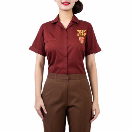 A retro 90s Vietnamese uniform for employee of the sticky rice store logo with hex codes #952726 #7ba58d #548476 #d9d6cd #ad5c2f. The logo features main color #952726 and a bold font in dark brown (#952726) for the store name with a gradient fill in (#952726) on the bottom. The background is a light blue (#548476) circle with a white (#d9d6cd) rice grain in the center. There are two chopsticks in dark brown (#952726) crisscrossing behind the rice grain, and a small red (#ad5c2f) dot on the right side of the rice grain symbolizing a drop of soy sauce. The logo has a retro feel with a modern twist, Artwork, vector illustration using Adobe Illustrator, --ar 1:1 --v 5