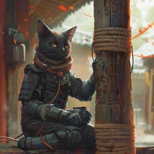 A robot cat ninja chilling by a scratching post