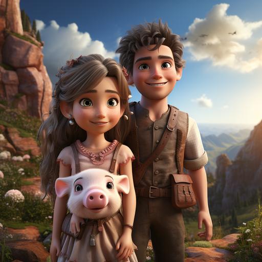 A robust and handsome man with pig ears, a slender and adorable woman with a pig tail, standing atop a mountain, pointing towards the sky, facing the audience, amidst a pink-colored world, all in the whimsical style of Pixar --v 5.2 --s 750