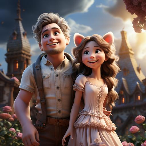 A robust man with pig ears and a slender woman with a pig tail, standing atop a mountain, pointing towards the sky, facing the audience, in a pink-colored world, all in the whimsical style of Pixar --v 5.2 --s 750