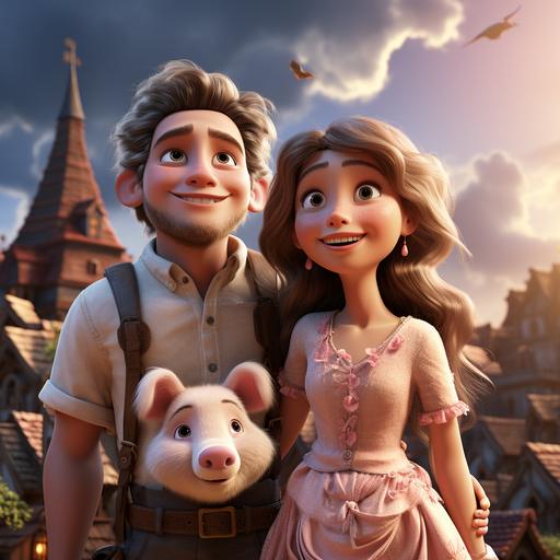 A robust man with pig ears and a slender woman with a pig tail, standing atop a mountain, pointing towards the sky, facing the audience, in a pink-colored world, all in the whimsical style of Pixar --v 5.2 --s 750