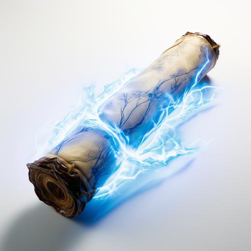 A rolled up papyrus scroll, blue static lightning, white background