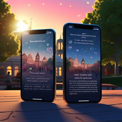 A romantic scene with two smartphones showing a text conversation filled with heart emojis. A silhouette of a university campus on one side and a motivational quote on the other side are present in the background to symbolize their aspirations and supportive talks. 4k, realistic