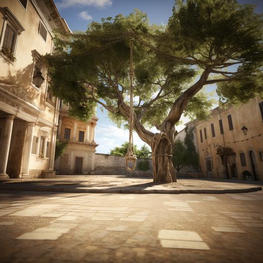 A rope hanging from a tree in a Roman square. realistic, cinematic and 12k.