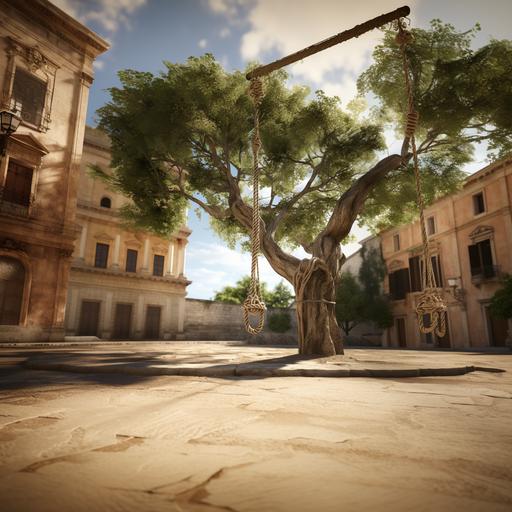 A rope hanging from a tree in a Roman square. realistic, cinematic and 12k.