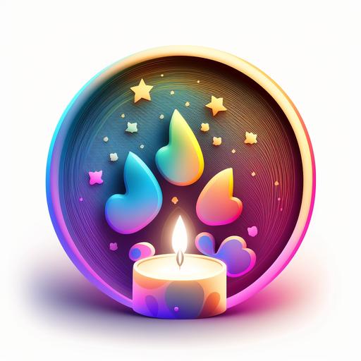 A round logo with a cat paw print inside, no cats, a candle, a pink love heart, full of healing feelings, a white background, rainbow colored lines, blue stars, 4K.