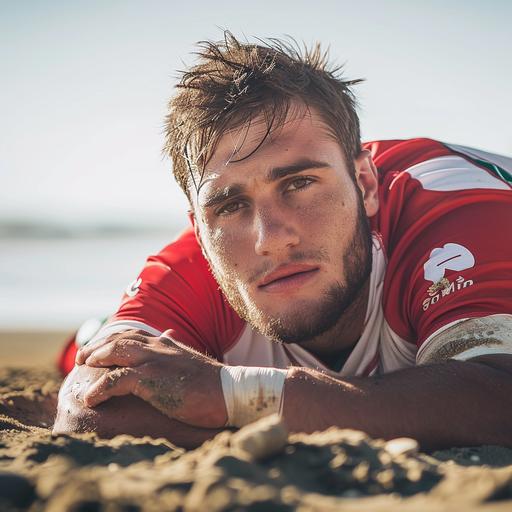 A rugby player with a red and white jersey lying on the beach --v 6.0