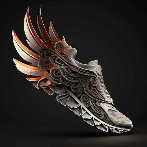 A running shoes with wings logo, 3D, speed, no blur