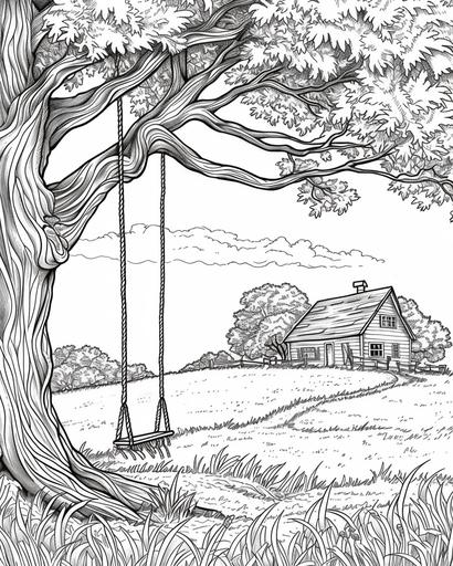 A rustic country farm scene with a sturdy oak tree next to a field, a rope swing hanging from a branch, coloring page, monochrome, black and white, thick lines, for adults --ar 4:5 --v 6.0