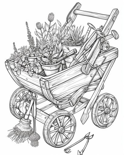 A rustic wooden wheelbarrow filled with an assortment of potted plants and gardening tools, coloring page monochrome, black and white, thick lines, for adults --ar 4:5 --v 6.0