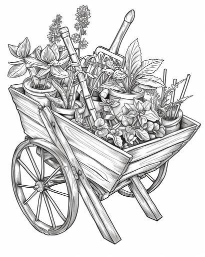 A rustic wooden wheelbarrow filled with an assortment of potted plants and gardening tools, coloring page monochrome, black and white, thick lines, for adults --ar 4:5 --v 6.0
