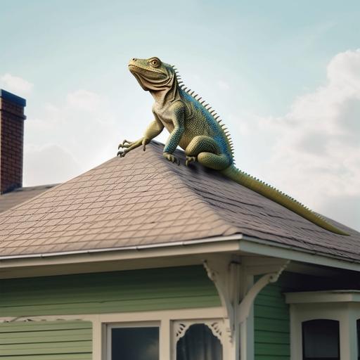 A sad giant lizard is perched on top of an American house. covered the whole house. american folk, ar 1:1