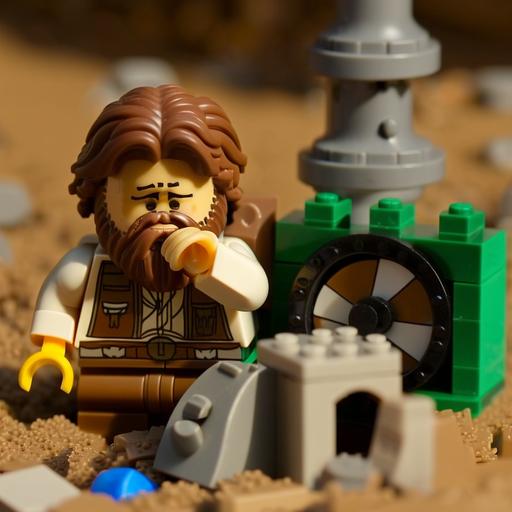 A sad lego man with brown hair and beard, a broken astrolabe, realizing he wasted his life, Lego buildings in background