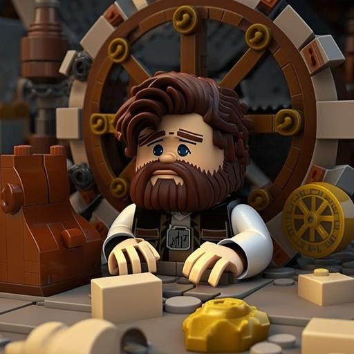 A sad lego man with brown hair and beard, a broken astrolabe, realizing he wasted his life, Lego buildings in background