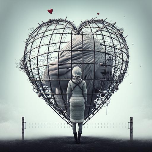 A sad woman with a top-shaped heart, she is hiding in a huge white birdcage, outside are all kinds of no-entry signs, all kinds of barbed wire and barbed wire around her，white and minamalism