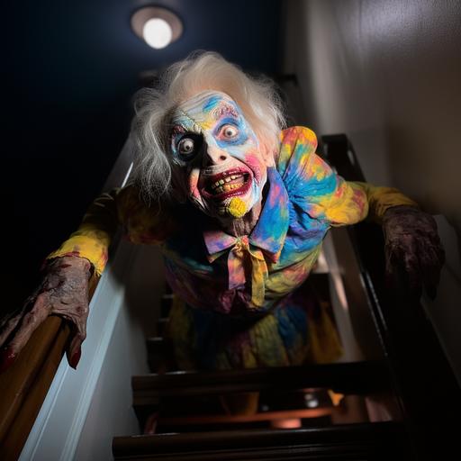 A scary 70 year old woman emerging from the bedroom ceiling at night. She smiles down at us, and wears too much colorful makeup.