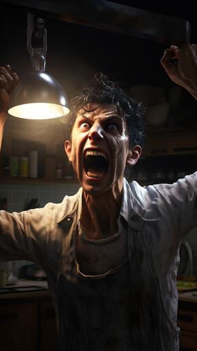 A scary scene featuring a very skinny deranged man swinging an iron bar over his head. He looks angry and in a rage. It's night. He is in a kitchen. Hyperrealistic. --ar 9:16