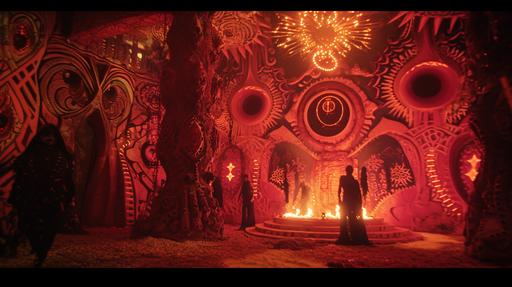 A scene from a psychedelic horror film featuring a disturbingly sacrilegious theme: The image reveals a hallucinatory temple, where twisted, demonic figures dance around a fiery altar. The walls are adorned with unsettling, esoteric symbols that seem to move and change shape, ensnaring the viewer in a nightmarish tableau of profane worship --ar 16:9 --v 6.0
