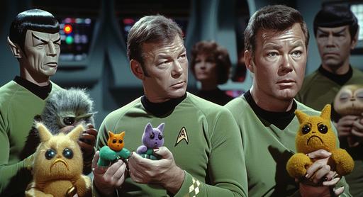 A scene from the original Star Trek series, with William Shatner. Admiral James T. Kirk, Spock, and Dr. 