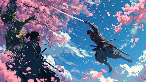 A scene of Musashi in a fierce sword duel under a cherry blossom tree, 90's anime style --ar 16:9 --v 6.0