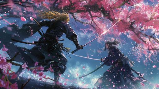 A scene of Musashi in a fierce sword duel under a cherry blossom tree, 90's anime style --ar 16:9 --v 6.0