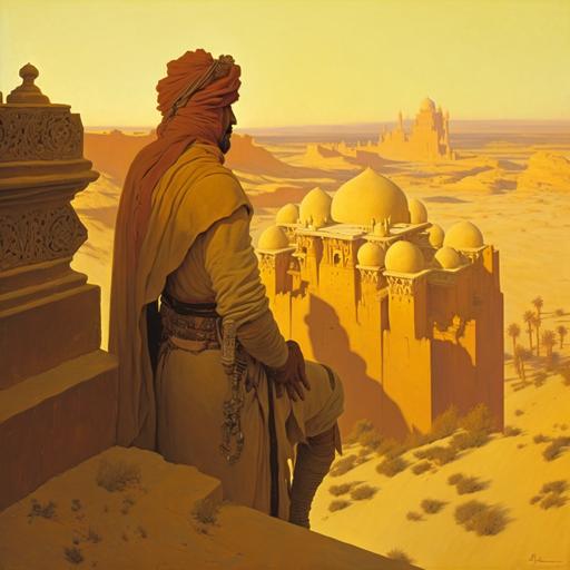 A scene, on the ramparts of a huge sandstone castle, at dawn, looking out over the vast, yellow and orange, silent, seemingly dead desert, a tall, somewhat thin male human being, wearing a male turban with black and gray tones and red embroidery, wearing loose, desert-like Dune-style clothes, a male turban with black and red embroidery on his head. Ultra realistic fantasy art, unreal engine, HD