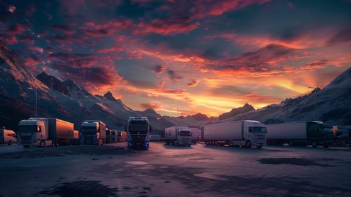 A scene with stunning different brands solo units pearl white color, MAN , Scania , Iveco, Volvo , Daf, Mercedes. with distressed rims. Against a backdrop Alps and impressive sunset in 225K UHD resolution --ar 16:9 --v 6.0