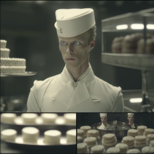 A screenshot from David Bowie's iconic song Let's Bake, Everyone is putting on their bakers hat. realistic, ultra realistic, concept art, elegant, highly detailed, intricate, sharp focus, depth of field, f/1. 8, 85mm, medium shot, mid shot, (centered image composition), (professionally color graded), ((bright soft diffused light)), volumetric fog, trending on instagram, trending on tumblr, hdr 4k, 8k, Realistic, Cinematic --v 4