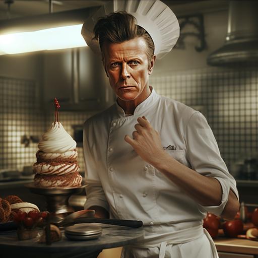 A screenshot from David Bowie's iconic song Let's Bake, Everyone is putting on their bakers hat. realistic, ultra realistic, concept art, elegant, highly detailed, intricate, sharp focus, depth of field, f/1. 8, 85mm, medium shot, mid shot, (centered image composition), (professionally color graded), ((bright soft diffused light)), volumetric fog, trending on instagram, trending on tumblr, hdr 4k, 8k, Realistic, Cinematic --v 5.2