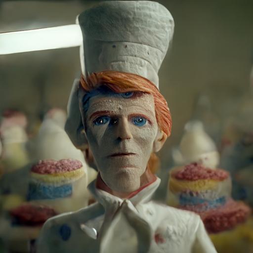 A screenshot from David Bowie's iconic song Let's Bake, Everyone is putting on their bakers hat. realistic, ultra realistic, concept art, elegant, highly detailed, intricate, sharp focus, depth of field, f/1. 8, 85mm, medium shot, mid shot, (centered image composition), (professionally color graded), ((bright soft diffused light)), volumetric fog, trending on instagram, trending on tumblr, hdr 4k, 8k, Realistic, Cinematic --v 4