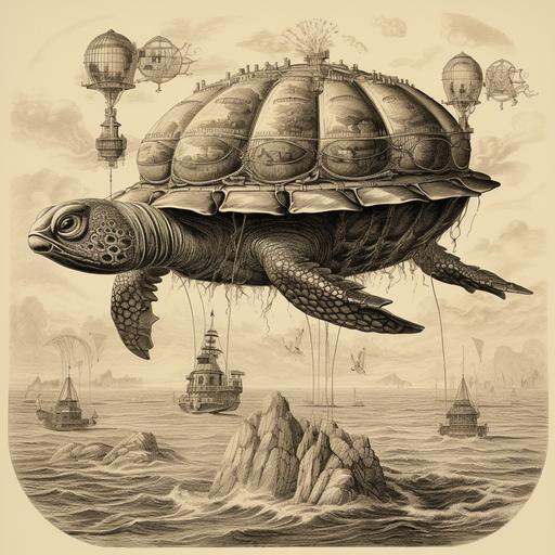 A sea wise turtle flies in a retrofuturistic balloon. Engraving in the style of the 19th century --v 5.2