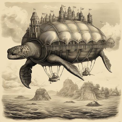 A sea wise turtle flies in a retrofuturistic balloon. Engraving in the style of the 19th century --v 5.2