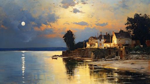 A seaside village painting, night scenery, in the style of Alfred Sisley, Arthur Streeton, ultra-fine detail, soft atmosphere, perspective, oil painting, harmonious colors, golden ratio line composition method, hyper quality, high resolution, --ar 16:9