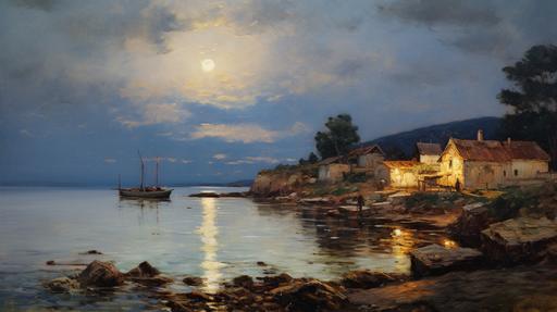 A seaside village painting, night scenery, in the style of Alfred Sisley, Arthur Streeton, ultra-fine detail, soft atmosphere, perspective, oil painting, harmonious colors, golden ratio line composition method, hyper quality, high resolution, --ar 16:9