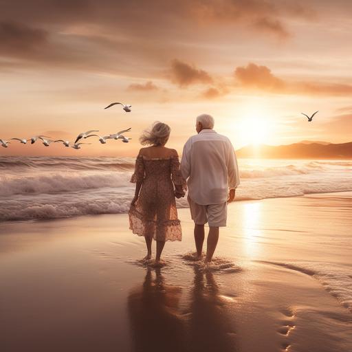 A senior couple, both with gray hair, strolling gently on the golden sandy beach, their hands intertwined, while the sun rises majestically on the horizon. The sky fills with soft shades of pink and orange, painting a celestial landscape that reflects in the calm waters of the ocean. Waves break gently on the shore, leaving small white foams on the soft sand. As the sun emerges, its golden light bathes the couple and casts long shadows on the beach, highlighting every detail of their love and companionship. Sunbeams seem to embrace the couple, creating a magical and romantic atmosphere. This image conveys the serenity and beauty of a life together, even over the years, in a setting that appears to be straight out of a dream