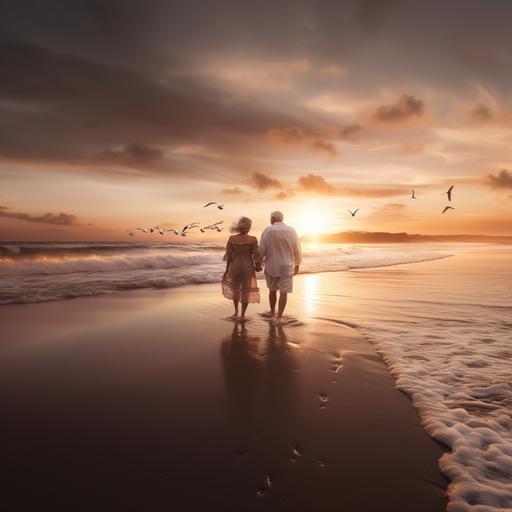 A senior couple, both with gray hair, strolling gently on the golden sandy beach, their hands intertwined, while the sun rises majestically on the horizon. The sky fills with soft shades of pink and orange, painting a celestial landscape that reflects in the calm waters of the ocean. Waves break gently on the shore, leaving small white foams on the soft sand. As the sun emerges, its golden light bathes the couple and casts long shadows on the beach, highlighting every detail of their love and companionship. Sunbeams seem to embrace the couple, creating a magical and romantic atmosphere. This image conveys the serenity and beauty of a life together, even over the years, in a setting that appears to be straight out of a dream